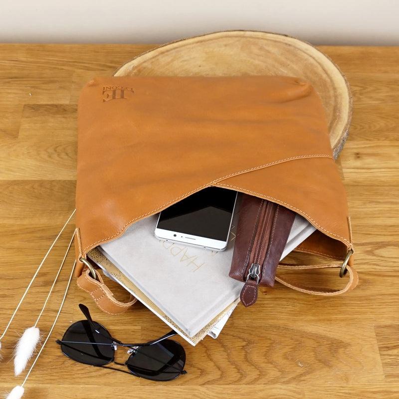 Leconi Umhängetasche Damentasche Schultertasche Leder cognac LE0065 Vatertagsangebot