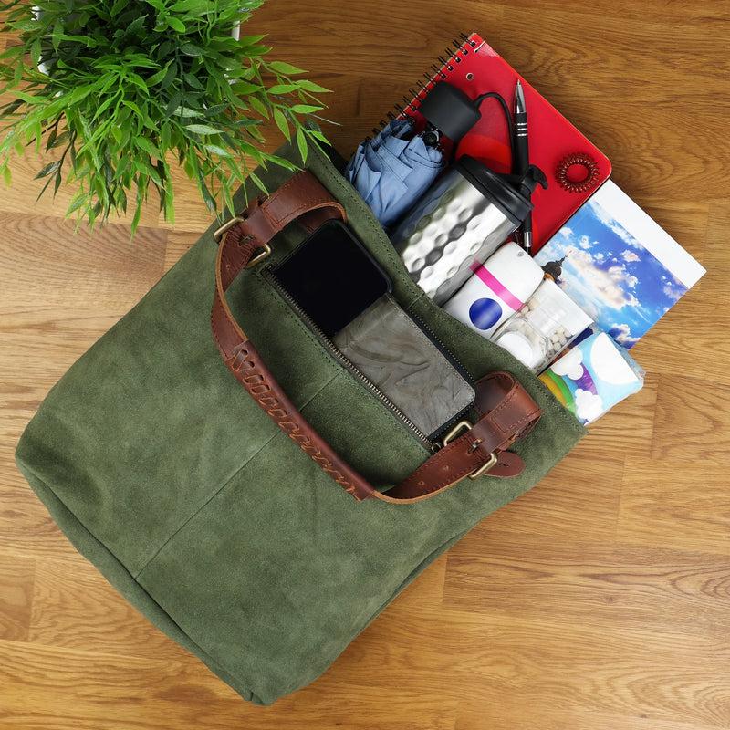 Leconi Henkeltasche Damentasche Veloursleder Leder grün LE0033 Valentinstagsangebot