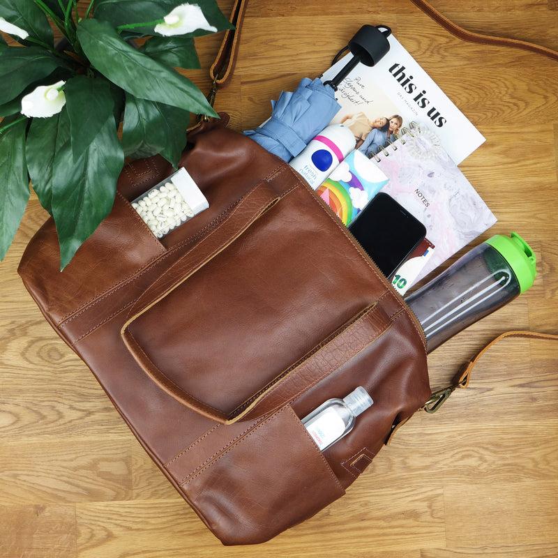 Leconi Shopper Schultertasche Henkeltasche Damen Handtasche Leder braun LE0061 Jubiläumsangebot