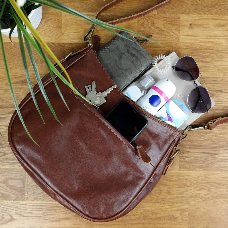Leconi Schultertasche Henkeltasche Damentasche Leder braun LE0063 Online Outlet