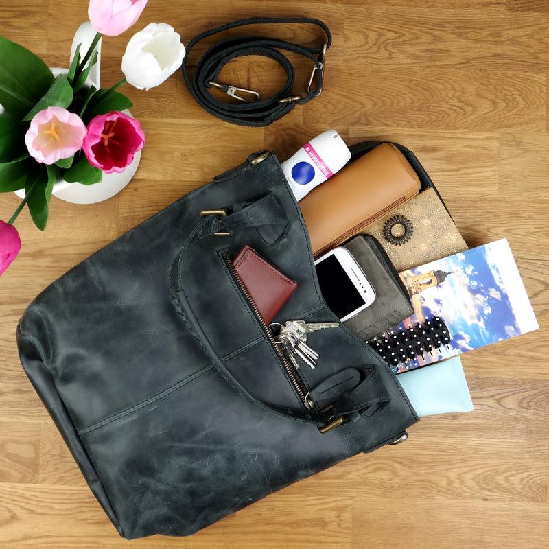 Leconi Umhängetasche Schultertasche Henkeltasche Damentasche Leder grau LE0054 Große Rabatte
