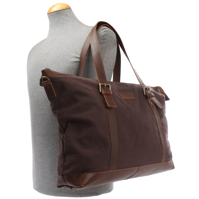 Leconi Weekender Reisetasche Shopper Damen Herren Leder Canvas mokka LE2013 Tiefpreis
