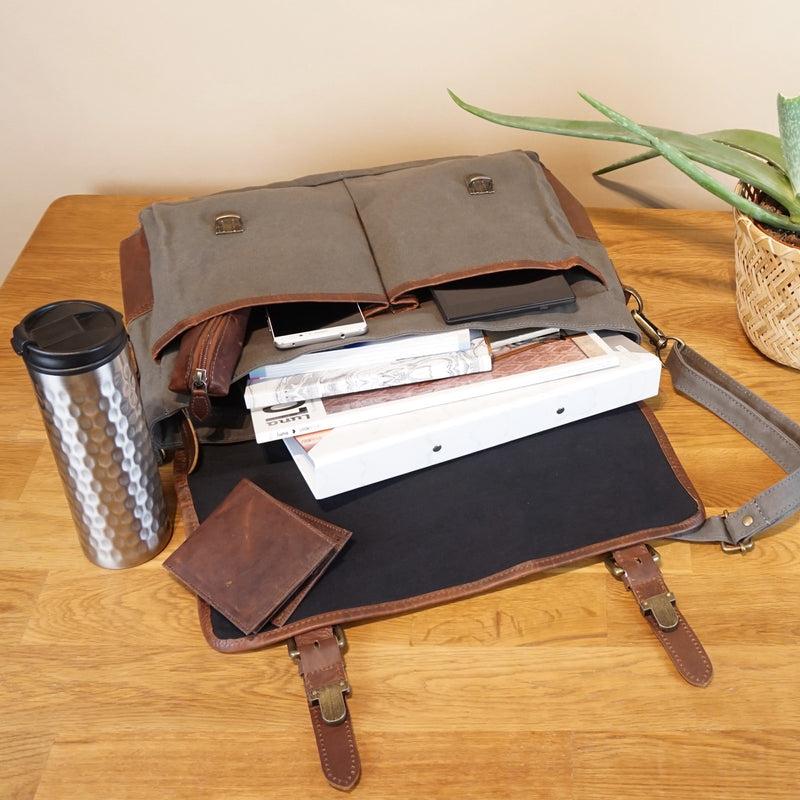Leconi Kuriertasche Umhängetasche DIN A4 Leder Canvas grau LE3032 Kostenlose Rückgabe