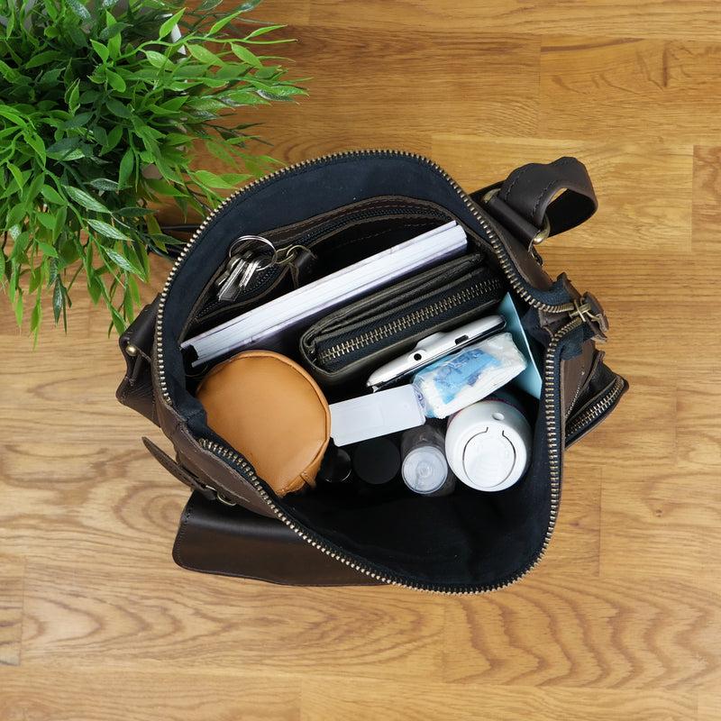 Leconi Umhängetasche Schultertasche Damen Herren Used Look Leder dunkelbraun LE3011 Neueste Stile