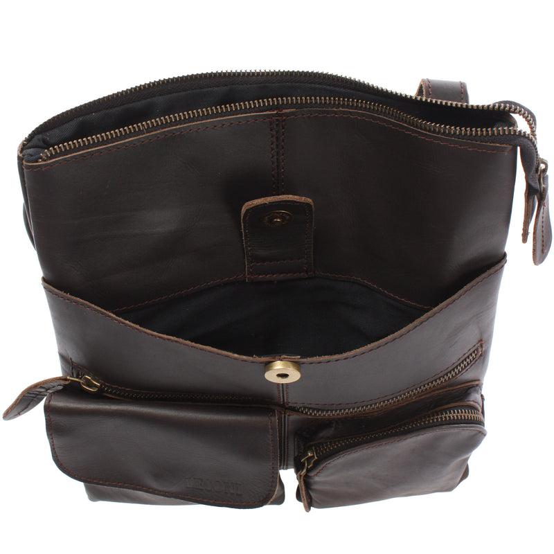 Leconi Umhängetasche Schultertasche Damen Herren Used Look Leder dunkelbraun LE3011 Neueste Stile