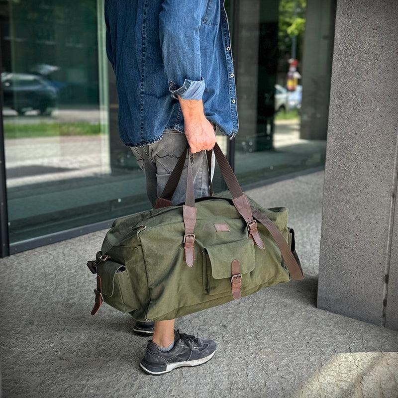 Leconi großer Weekender Reisetasche Sporttasche Damen Herren Leder Canvas grün LE2019 Sonderangebot der Fabrik