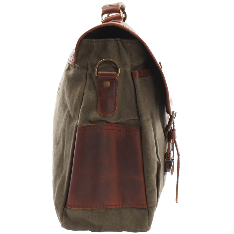 Leconi Messenger Bag Din A4 Kuriertasche Leder Canvas grün LE3018 Super Rabatt