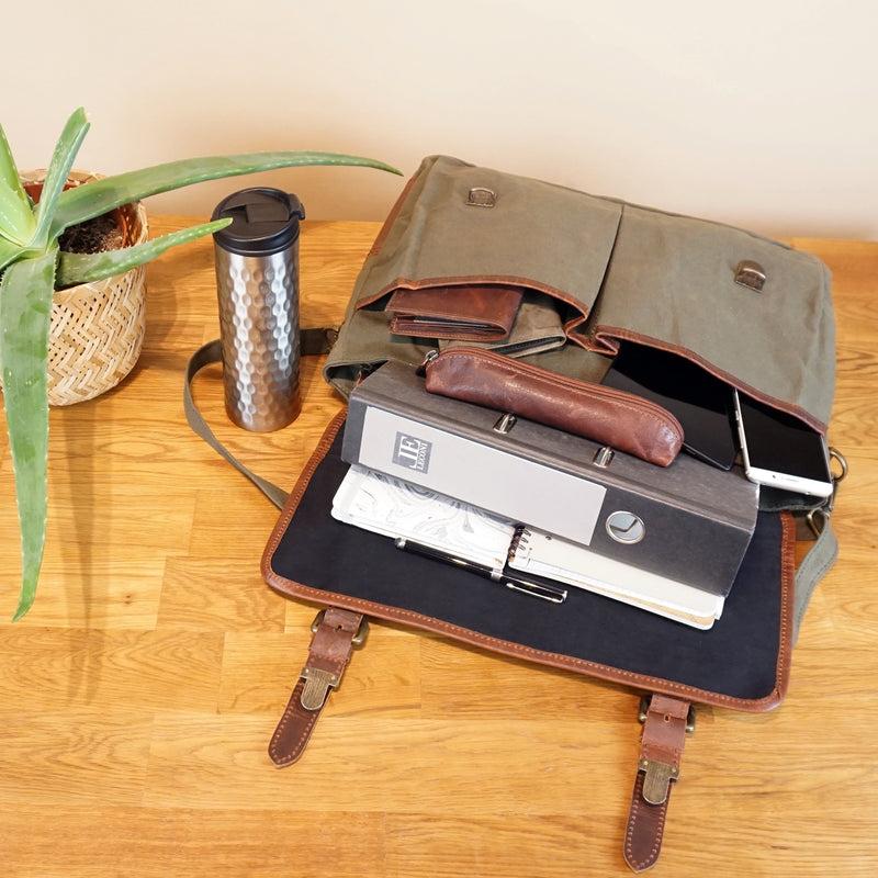 Leconi Messenger Bag Din A4 Kuriertasche Leder Canvas grün LE3018 Super Rabatt