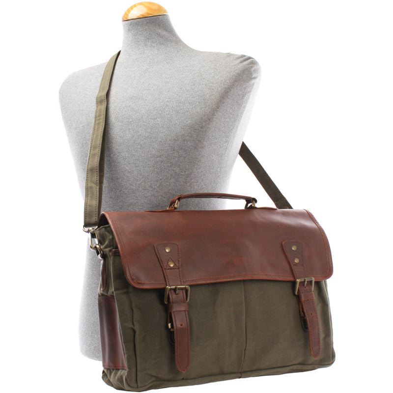 Leconi Messenger Bag Din A4 Kuriertasche Leder Canvas grün LE3018 Super Rabatt