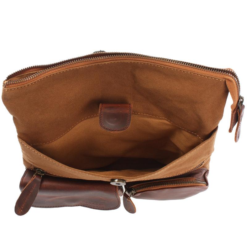 Leconi Umhängetasche Schultertasche Damen Herren Used Look Leder Canvas cognac LE3011 Riesige Rabatte
