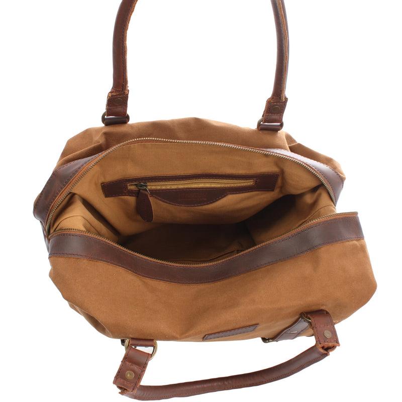 Leconi kleiner Weekender Shopper Damen Herren Leder Canvas cognac LE2006 Begrenzt auf 3 Tage