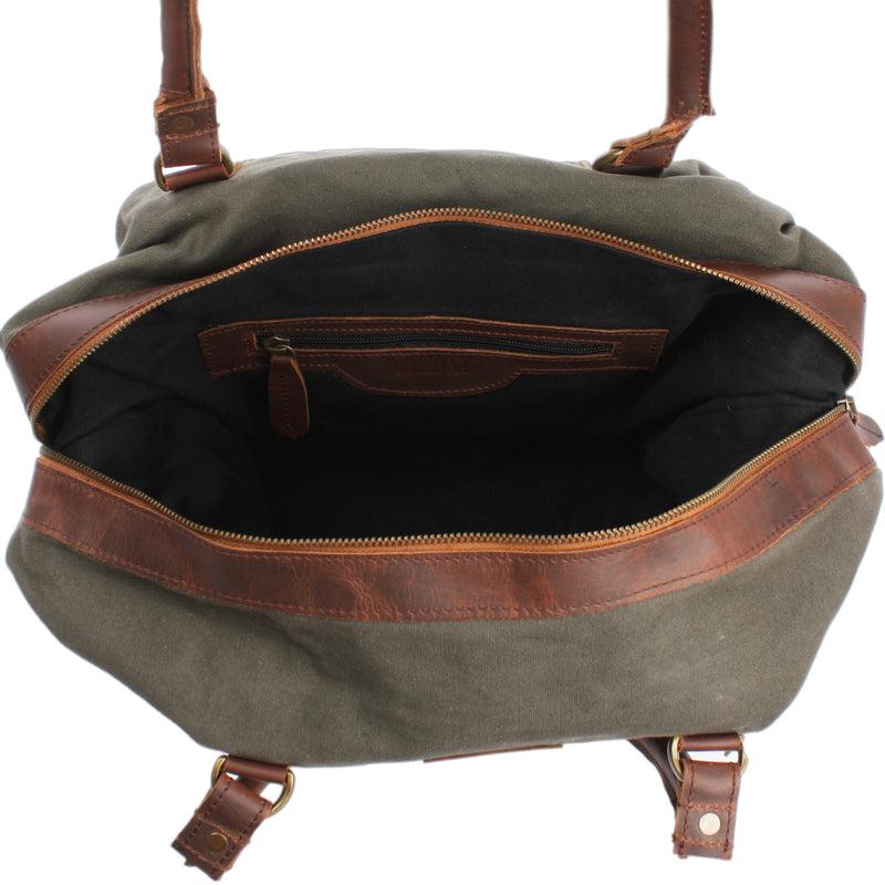 Leconi kleiner Weekender Shopper Damen Herren Leder Canvas grün LE2006 Speichern exportieren
