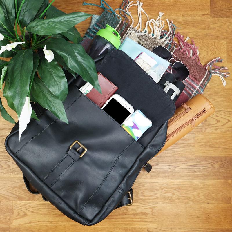 Leconi Rucksack Lederrucksack Freizeitrucksack Damen Herren Leder schwarz LE1016 Outlet