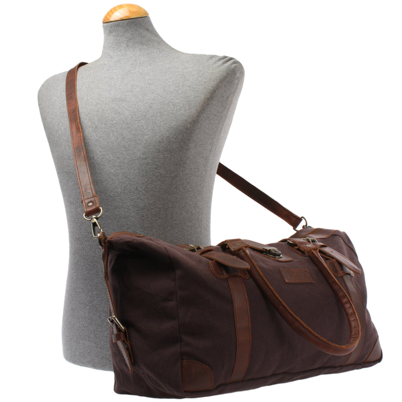 Leconi kleiner Weekender Handgepäck Damen Herren Leder Canvas mokka LE2008 im Angebot