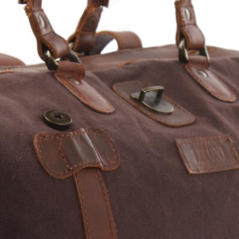 Leconi kleiner Weekender Handgepäck Damen Herren Leder Canvas mokka LE2008 im Angebot