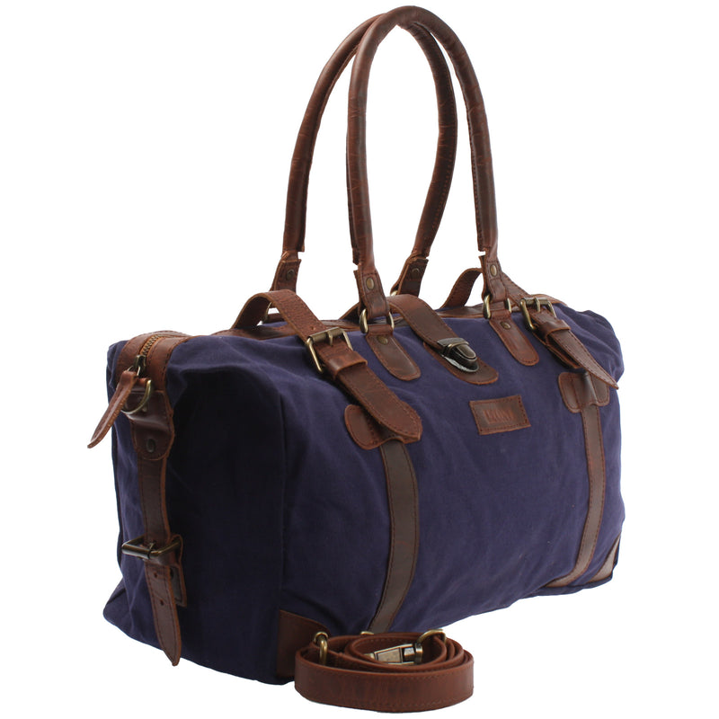 Leconi kleiner Weekender Handgepäck Damen Herren Leder Canvas navy LE2008 Schlussverkauf