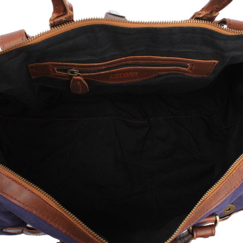 Leconi kleiner Weekender Handgepäck Damen Herren Leder Canvas navy LE2008 Schlussverkauf