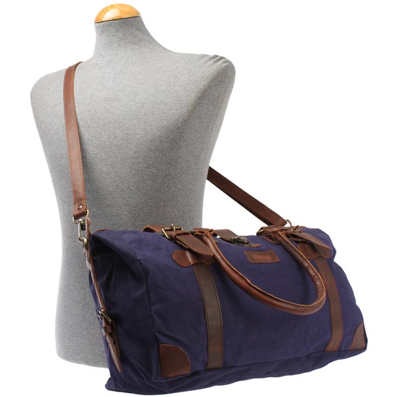 Leconi kleiner Weekender Handgepäck Damen Herren Leder Canvas navy LE2008 Schlussverkauf