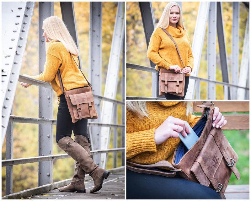 Leconi mittelgroße Umhängetasche Ledertasche Damen Herren Vintage Leder braun LE3036 Günstiger Verkauf