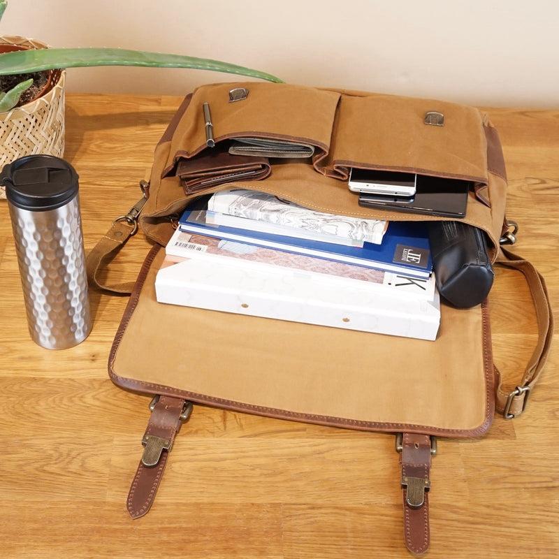 Leconi Messenger Bag Din A4 Kuriertasche Leder Canvas cognac LE3018 Blitzverkäufe