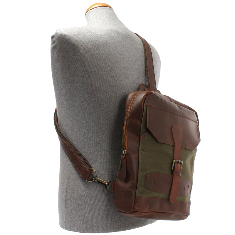 Leconi Freizeitrucksack Crossbag Rucksack Damen Herren Leder Canvas grün LE1012 Fabrikpreis