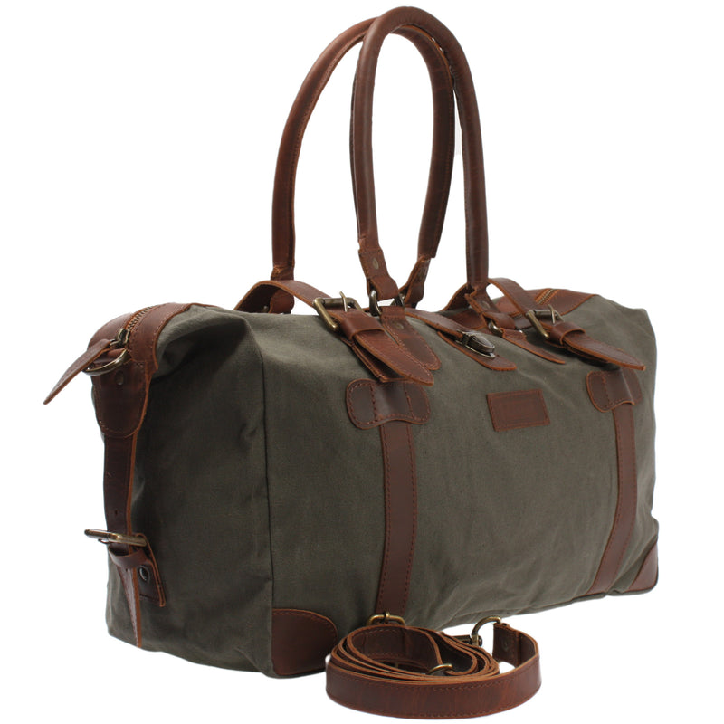 Leconi kleiner Weekender Handgepäck Damen Herren Leder Canvas grün LE2008 Begrenztes Angebot