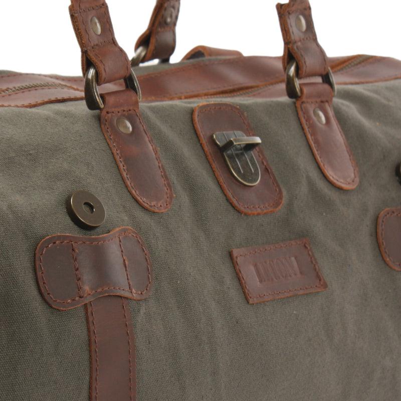 Leconi kleiner Weekender Handgepäck Damen Herren Leder Canvas grün LE2008 Begrenztes Angebot
