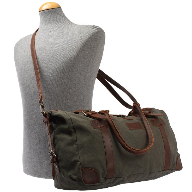 Leconi kleiner Weekender Handgepäck Damen Herren Leder Canvas grün LE2008 Begrenztes Angebot