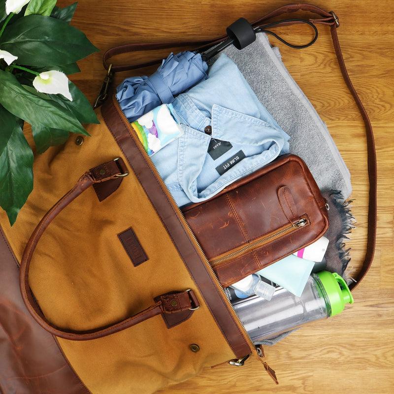 Leconi XXL Shopper Schultertasche Beuteltasche Leder Canvas cognac LE2005 Exklusivangebot