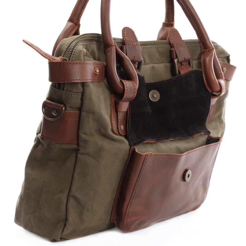 Leconi Schultertasche Henkeltasche Damentasche Handtasche Leder Canvas grün LE0050 Weihnachtsangebot