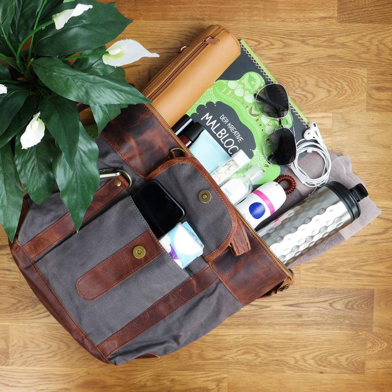 Leconi Henkeltasche Schultertasche Canvas Leder grau LE0043 Osterangebot