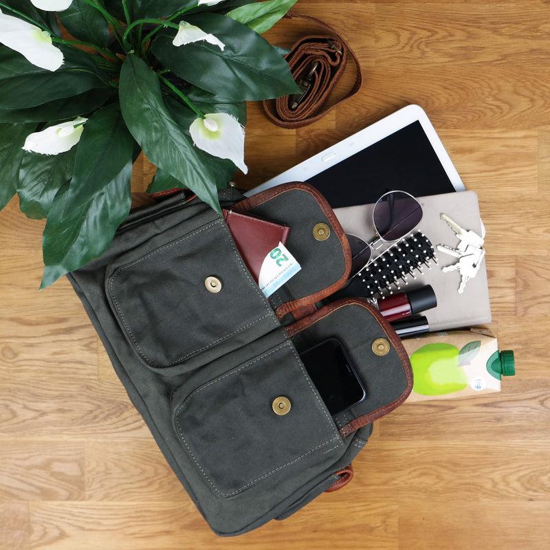 Leconi Henkeltasche Damentasche Canvas Leder grün LE0042 Muttertagsangebot