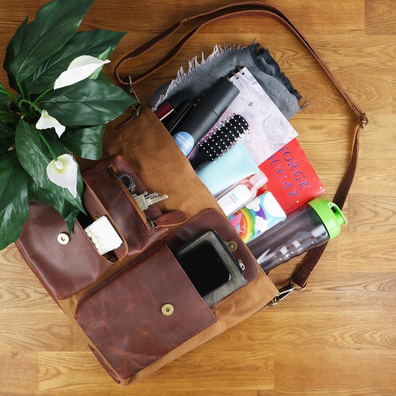 Leconi Schultertasche Umhängetasche Ledertasche Canvas Leder cognac LE0039 Vatertagsangebot