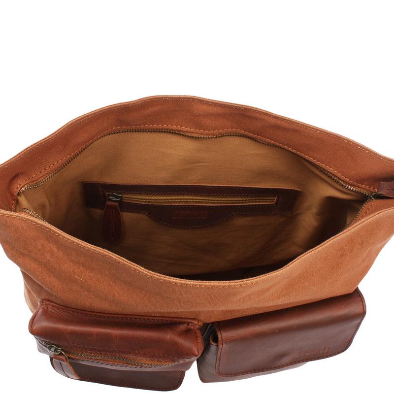 Leconi Schultertasche Umhängetasche Ledertasche Canvas Leder cognac LE0039 Vatertagsangebot