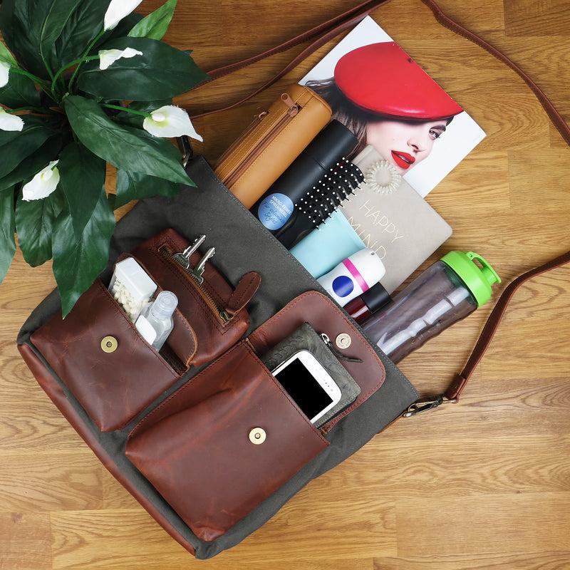 Leconi Schultertasche Umhängetasche Ledertasche Canvas Leder grau LE0039 Valentinstagsangebot