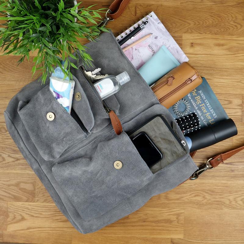 Leconi Schultertasche Umhängetasche Ledertasche Veloursleder grau LE0039 Heißer Verkauf