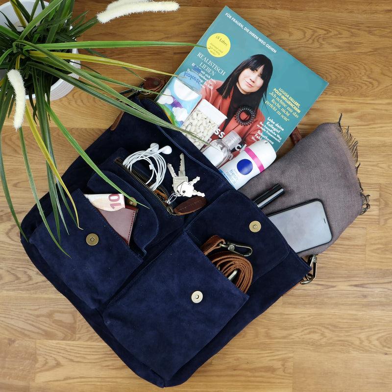 Leconi Schultertasche Umhängetasche Ledertasche Veloursleder navy LE0039 Neueste Mode