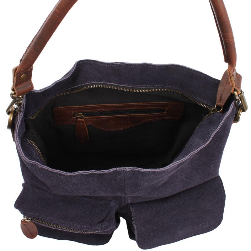 Leconi Schultertasche Umhängetasche Ledertasche Veloursleder navy LE0039 Neueste Mode