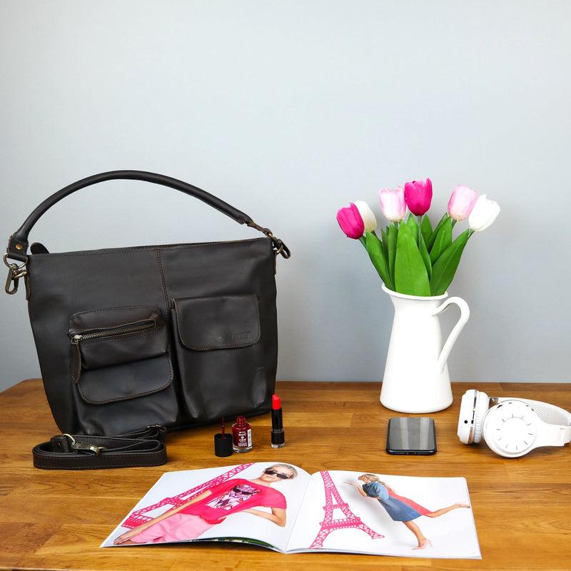 Leconi Schultertasche Umhängetasche Ledertasche Leder dunkelbraun LE0039 Zeitlich begrenztes Angebot