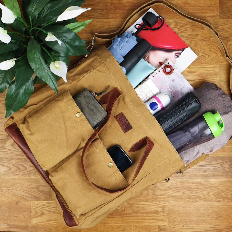 Leconi Shopper Beuteltasche Damentasche Canvas Leder cognac LE0040 Neuheiten