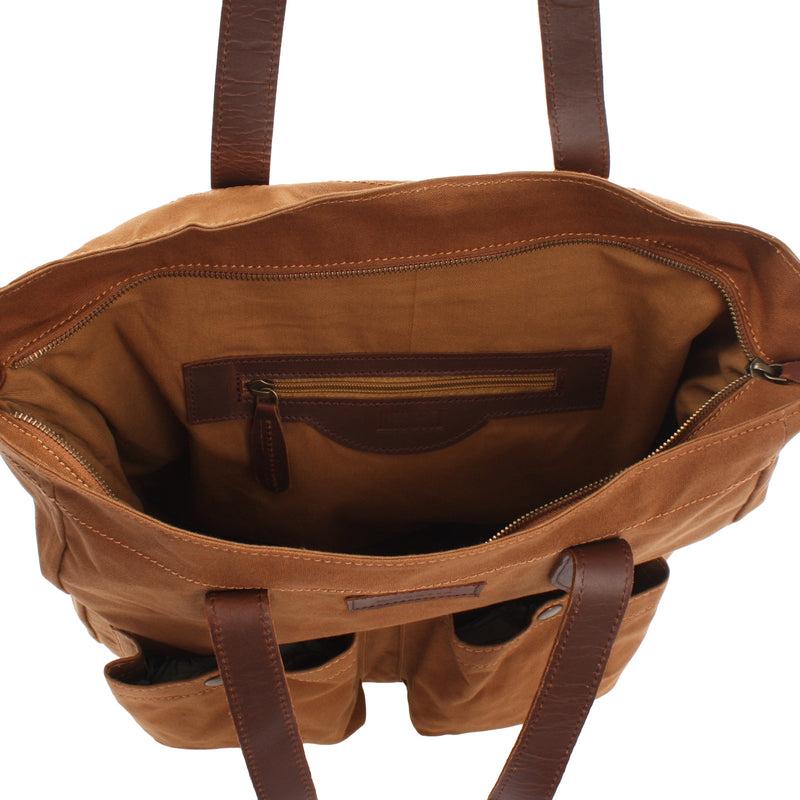 Leconi Shopper Beuteltasche Damentasche Canvas Leder cognac LE0040 Neuheiten