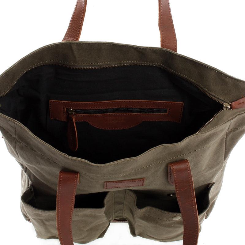 Leconi Shopper Beuteltasche Damentasche Canvas Leder grün LE0040 Saisonale Angebote