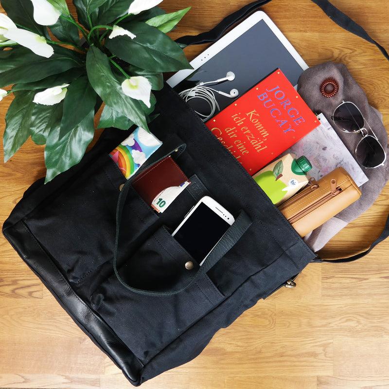 Leconi Shopper Beuteltasche Damentasche Canvas Leder schwarz LE0040 Räumungsverkauf