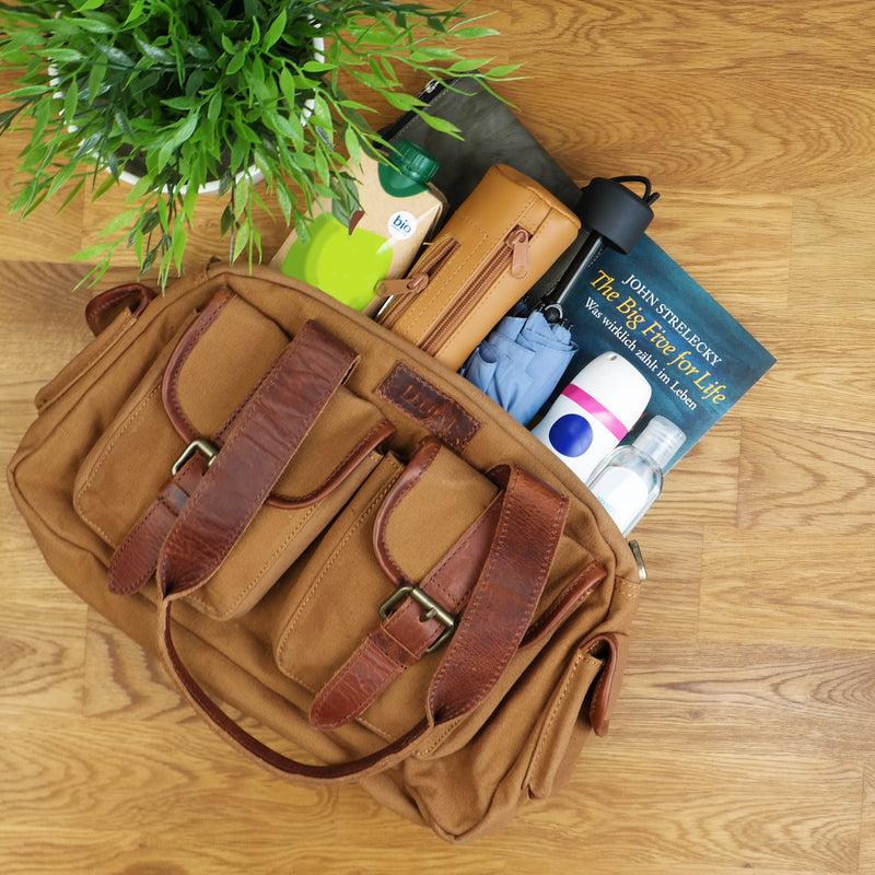 Leconi Henkeltasche Schultertasche Canvas Leder cognac LE0042 Kauf eins, bekomm eins gratis