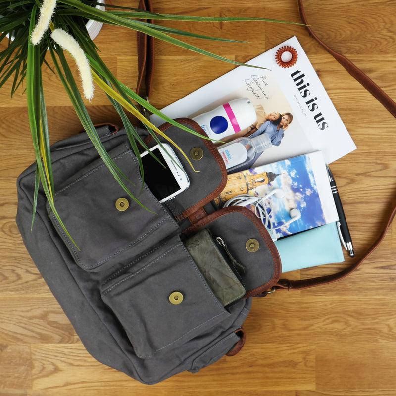 Leconi Schultertasche Damentasche Canvas Leder grau LE0042 Tägliche Deals