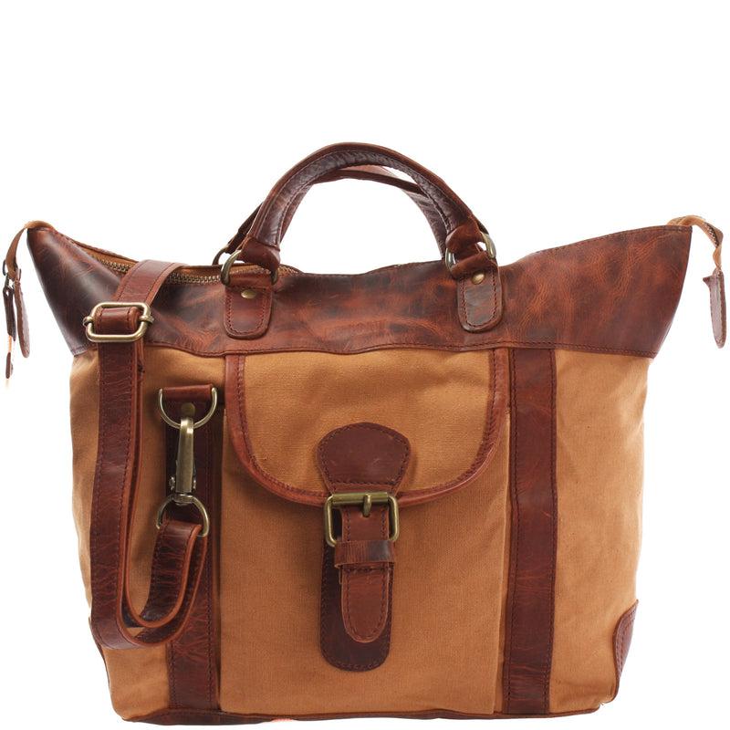 Leconi Henkeltasche Damentasche Canvas Leder cognac LE0043 Sonderangebote