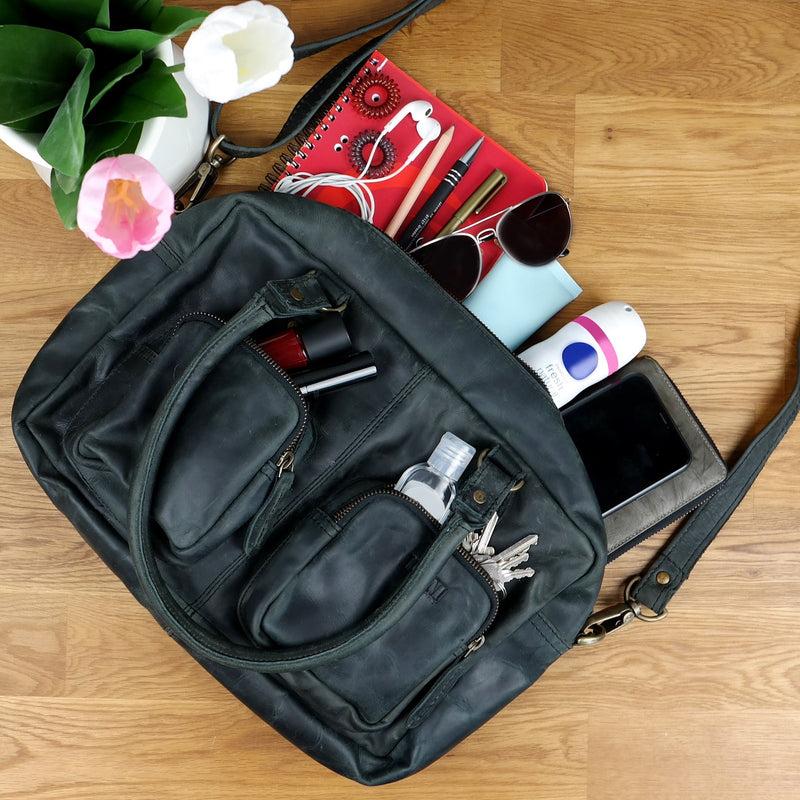 Leconi Schultertasche Handtasche Henkeltasche Damen Leder grau LE0046 Tiefpreis