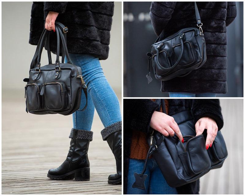 Leconi Schultertasche Handtasche Henkeltasche Damen Leder schwarz LE0046 Wochenangebot