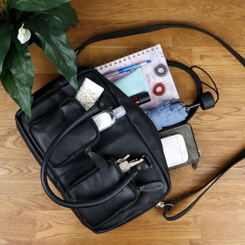 Leconi Schultertasche Handtasche Henkeltasche Damen Leder schwarz LE0046 Wochenangebot