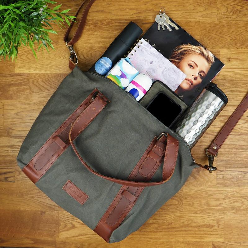 Leconi Schultertasche Henkeltasche Handtasche Leder Canvas grau LE0049 Kostenlose Rückgabe